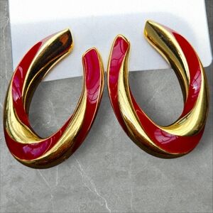 Napier Vintage Mob Wife 80s Red Gold Hoop Earrings Posts Designer Enamel